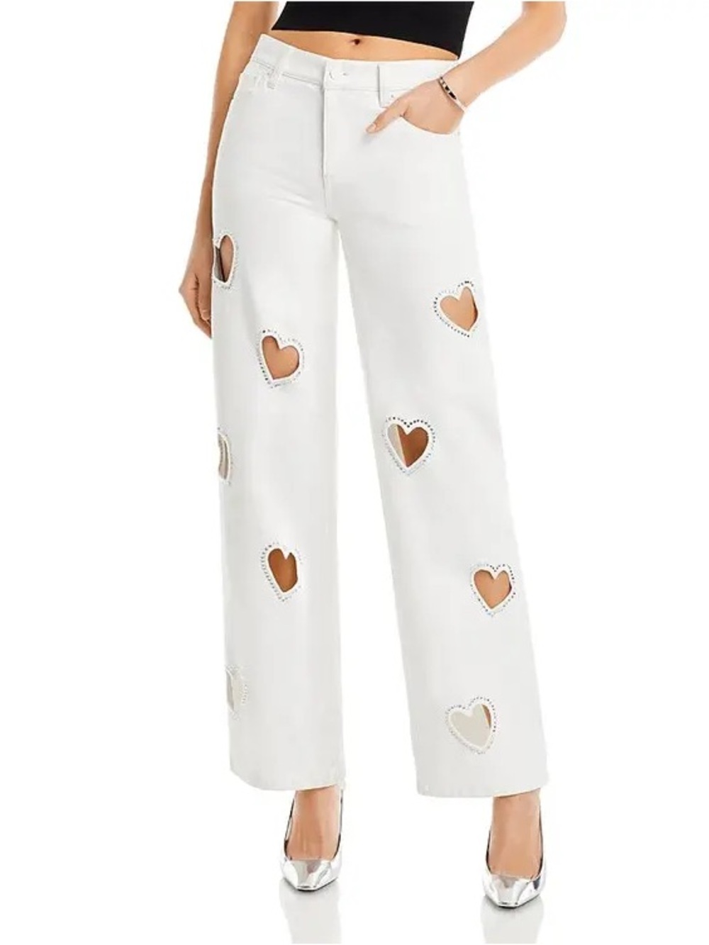 NEW ALICE + OLIVIA heart cutout rhinestone Karrie jeans in white size 26